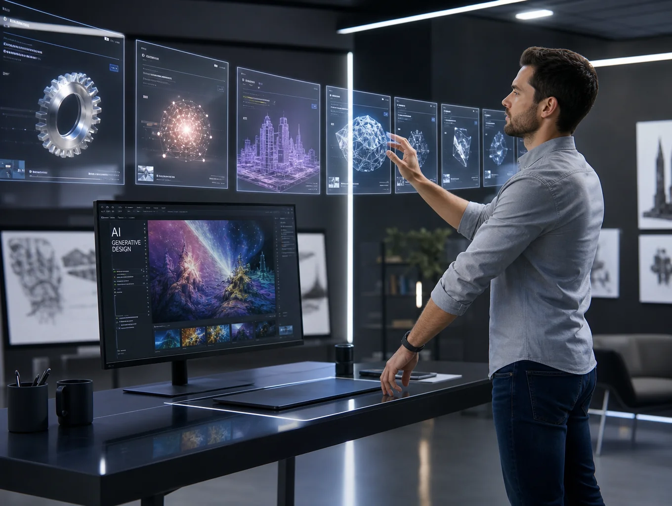 Modern AI-powered website design interface on a professional workstation
