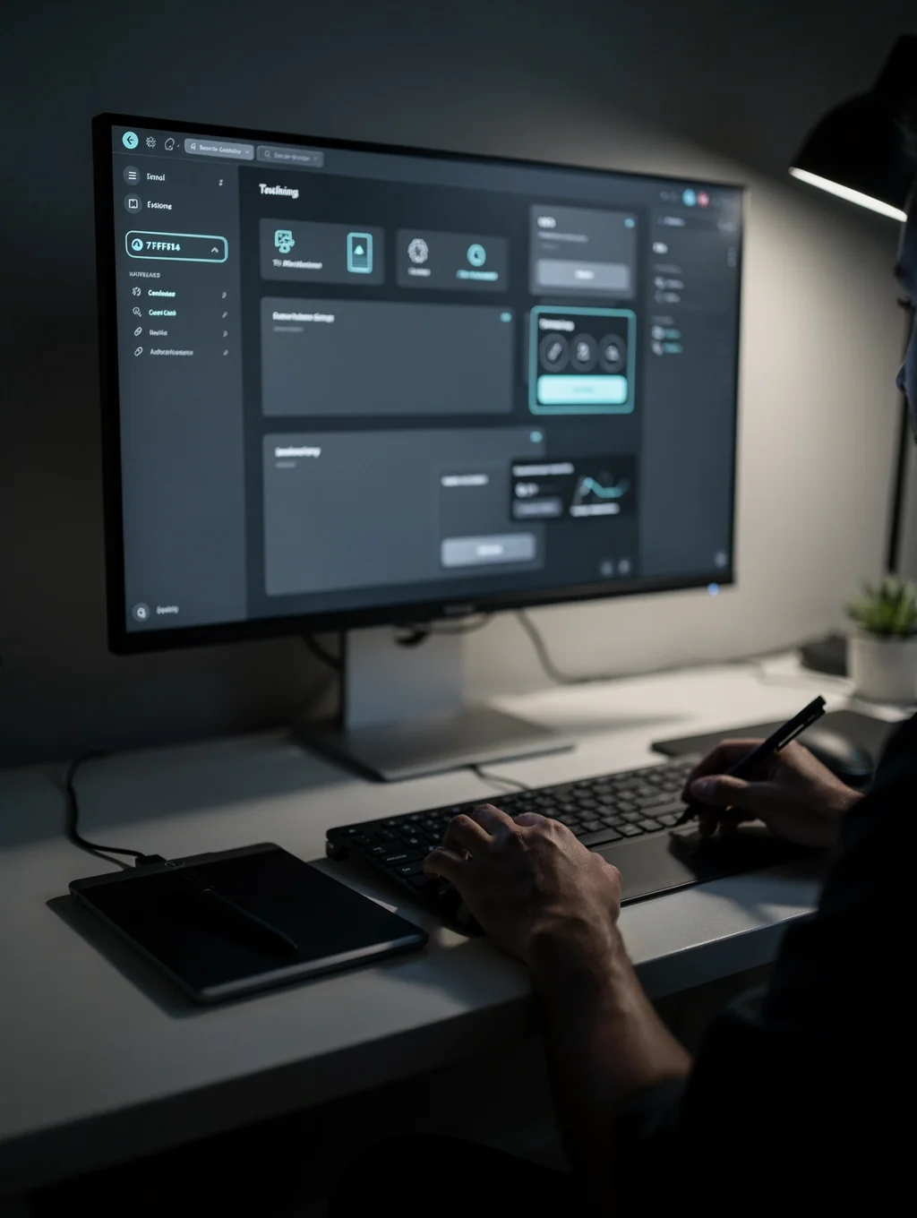 Designer working on a modern website interface on a large monitor